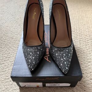Anne Michelle Black Crystal-Studded Pointed Toe Pumps